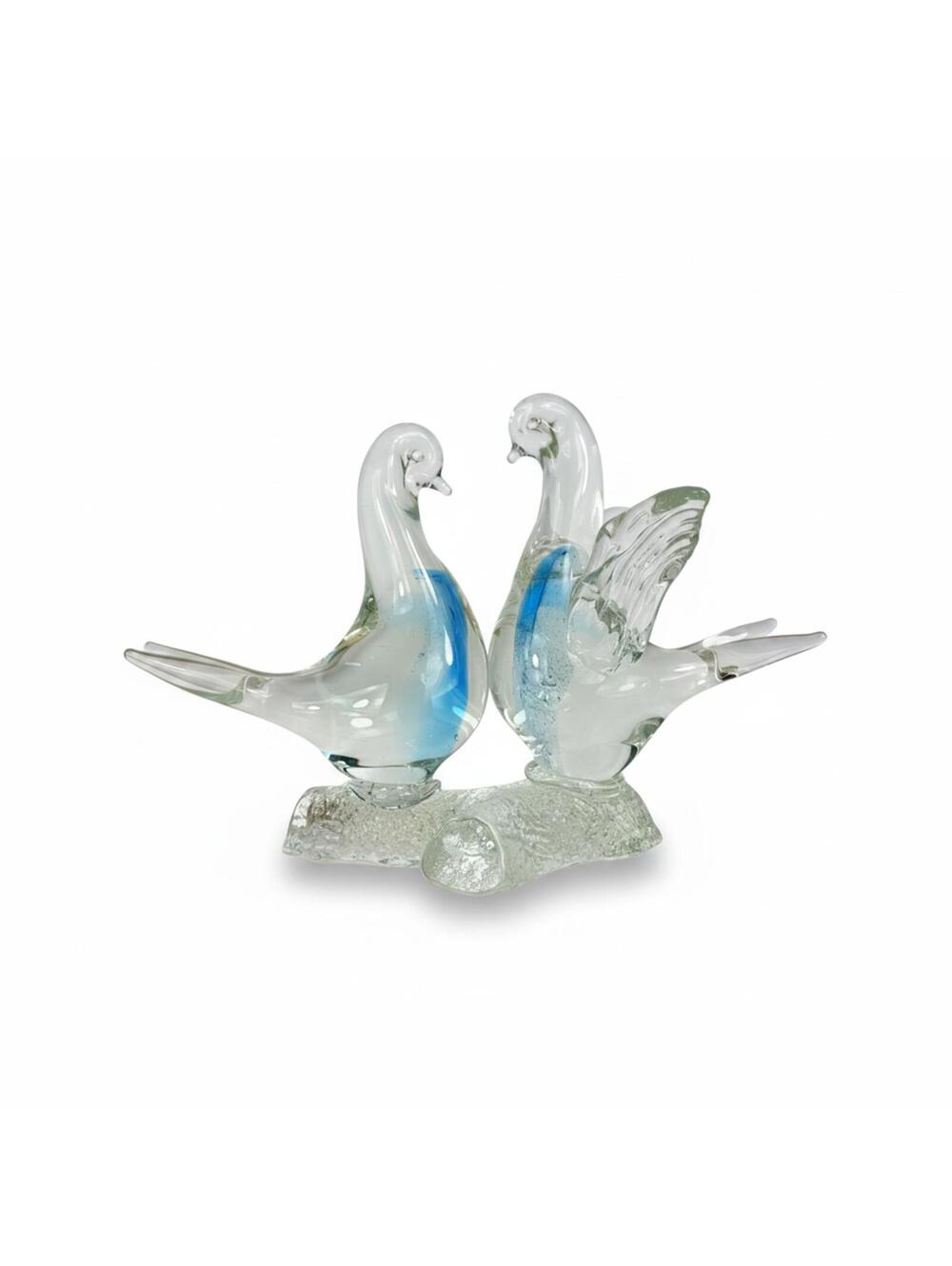 Vintage Venetian Murano Art Glass Blue Dove Love Birds On A Clear Branch  6.5”